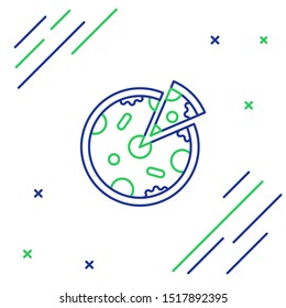 Blue and green line Pizza icon isolated on white background. Fast food menu. Colorful outline concept. Vector Illustration
