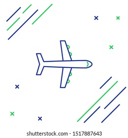 Blue and green line Plane icon isolated on white background. Flying airplane icon. Airliner sign. Colorful outline concept. Vector Illustration