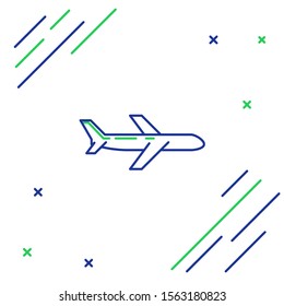 Blue and green line Plane icon isolated on white background. Flying airplane icon. Airliner sign. Colorful outline concept. Vector Illustration