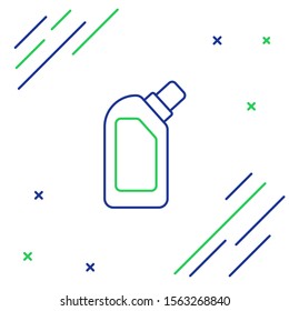 Blue and green line Plastic bottle for liquid laundry detergent, bleach, dishwashing liquid or another cleaning agent icon isolated on white background. Colorful outline concept. Vector Illustration