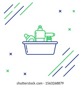 Blue and green line Plastic bottles for liquid laundry detergent, bleach, dishwashing liquid or another cleaning agent icon isolated on white background. Colorful outline concept. Vector Illustration