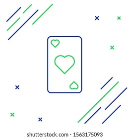 Blue and green line Playing card with heart symbol icon isolated on white background. Casino gambling. Colorful outline concept. Vector Illustration