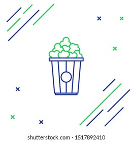 Blue and green line Popcorn in cardboard box icon isolated on white background. Popcorn bucket box. Colorful outline concept. Vector Illustration