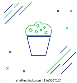 Blue and green line Popcorn in cardboard box icon isolated on white background. Popcorn bucket box. Colorful outline concept. Vector Illustration