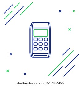 Blue and green line Pos terminal icon isolated on white background. Payment terminal transaction. Pay by card. Colorful outline concept. Vector Illustration