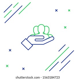 Icono de base del equipo del proyecto de línea azul y verde aislado en fondo blanco. Análisis y planificación del negocio, consultoría, trabajo en equipo, gestión de proyectos. Concepto de esquema colorido. Ilustración vectorial