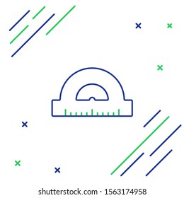 Blue and green line Protractor grid for measuring degrees icon isolated on white background. Tilt angle meter. Measuring tool. Geometric symbol. Colorful outline concept. Vector Illustration
