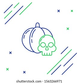 Blue and green line Pumpkin and skull icon isolated on white background. Happy Halloween party. Colorful outline concept. Vector Illustration