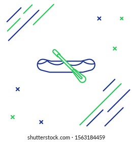 Blue and green line Rafting boat icon isolated on white background. Inflatable boat with paddles. Water sports, extreme sports, holiday, vacation. Colorful outline concept. Vector Illustration