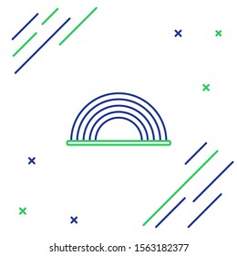 Blue and green line Rainbow with clouds icon isolated on white background. Colorful outline concept. Vector Illustration