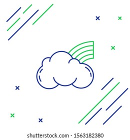 Blue and green line Rainbow with clouds icon isolated on white background. Colorful outline concept. Vector Illustration