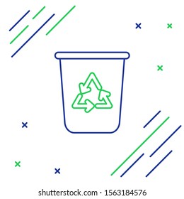 Blue and green line Recycle bin with recycle symbol icon isolated on white background. Trash can icon. Garbage bin sign. Recycle basket sign. Colorful outline concept. Vector Illustration