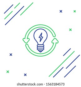 Blue and green line Recycle and light bulb with lightning symbol icon isolated on white background. Light lamp sign. Idea symbol. Colorful outline concept. Vector Illustration