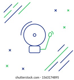 Blue and green line Ringing alarm bell icon isolated on white background. Alarm symbol, service bell, handbell sign, notification symbol. Colorful outline concept. Vector Illustration