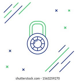 Blue and green line Safe combination lock wheel icon isolated on white background. Combination padlock. Security, safety, protection, password, privacy. Colorful outline concept. Vector Illustration