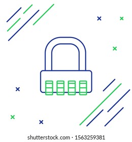 Blue and green line Safe combination lock icon isolated on white background. Combination padlock. Security, safety, protection, password, privacy. Colorful outline concept. Vector Illustration