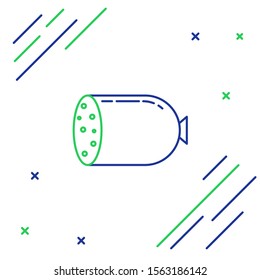 Blue and green line Salami sausage icon isolated on white background. Meat delicatessen product. Colorful outline concept. Vector Illustration