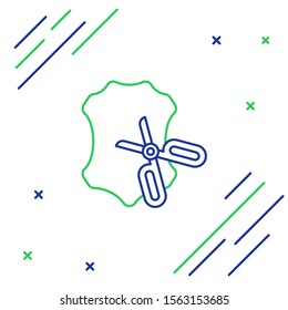 Blue and green line Scissors and leather icon isolated on white background. Tailor symbol. Cutting tool sign. Colorful outline concept. Vector Illustration