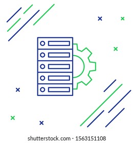 Blue and green line Server and gear icon isolated on white background. Adjusting app, service concept, setting options, maintenance, repair, fixing. Colorful outline concept. Vector Illustration