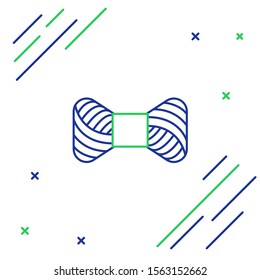 Blue and green line Sewing thread on spool icon isolated on white background. Yarn spool. Thread bobbin. Colorful outline concept. Vector Illustration