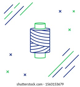Blue and green line Sewing thread on spool icon isolated on white background. Yarn spool. Thread bobbin. Colorful outline concept. Vector Illustration