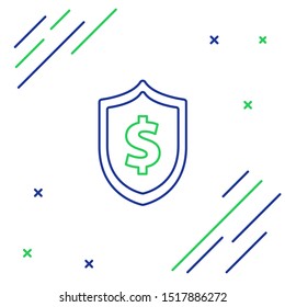 Blue and green line Shield with dollar symbol icon isolated on white background. Security shield protection. Money security concept. Colorful outline concept. Vector Illustration