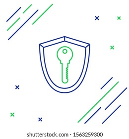 Blue and green line Shield with key icon isolated on white background. Protection and security concept. Safety badge icon. Privacy banner. Defense tag. Colorful outline concept. Vector Illustration