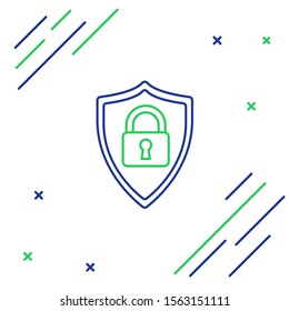Blue and green line Shield security with lock icon isolated on white background. Protection, safety, password security. Firewall access privacy sign. Colorful outline concept. Vector Illustration