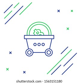 Blue and green line Shopping basket with bitcoin icon isolated on white background. Blockchain technology, cryptocurrency mining, digital money market. Colorful outline concept. Vector Illustration