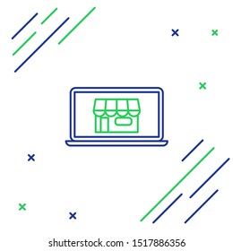 Blue and green line Shopping building on screen laptop icon isolated on white background. Concept e-commerce, e-business, online business marketing. Colorful outline concept. Vector Illustration