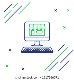 Blue and green line Shopping building on screen computer icon isolated on white background. Concept e-commerce, e-business, online business marketing. Colorful outline concept. Vector Illustration