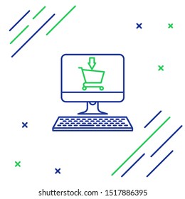 Blue and green line Shopping cart on screen computer icon isolated on white background. Concept e-commerce, e-business, online business marketing. Colorful outline concept. Vector Illustration
