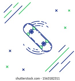 Blue and green line Skateboard trick icon isolated on white background. Extreme sport. Sport equipment. Colorful outline concept. Vector Illustration
