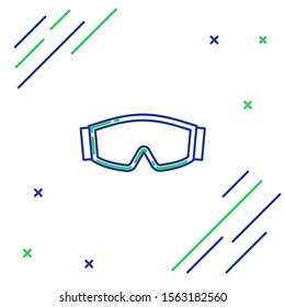 Blue and green line Ski goggles icon isolated on white background. Extreme sport. Sport equipment. Colorful outline concept. Vector Illustration