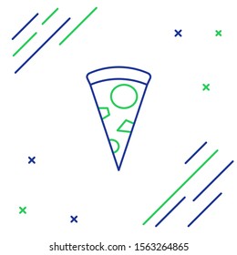 Blue and green line Slice of pizza icon isolated on white background. Colorful outline concept. Vector Illustration