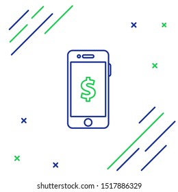 Blue and green line Smartphone with dollar symbol icon isolated on white background. Online shopping concept. Financial mobile phone icon. Online payment. Colorful outline concept. Vector Illustration