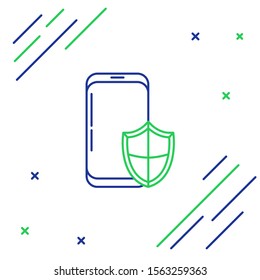 Blue and green line Smartphone, mobile phone with security shield icon isolated on white background. Security, Security, safety, protection concept. Colorful outline concept. Vector Illustration