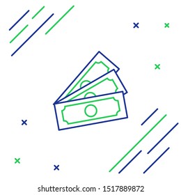 Blue and green line Stacks paper money cash icon isolated on white background. Money banknotes stacks. Bill currency.  Colorful outline concept. Vector Illustration