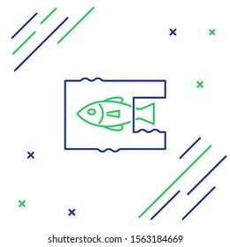 Blue and green line Stop ocean plastic pollution icon isolated on white background. Environment protection concept. Fish say no to plastic. Colorful outline concept. Vector Illustration