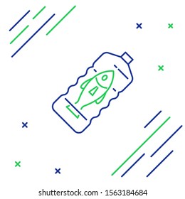 Blue and green line Stop ocean plastic pollution icon isolated on white background. Environment protection concept. Fish say no to plastic. Colorful outline concept. Vector Illustration