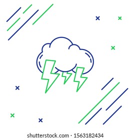 Blue and green line Storm icon isolated on white background. Cloud and lightning sign. Weather icon of storm. Colorful outline concept. Vector Illustration