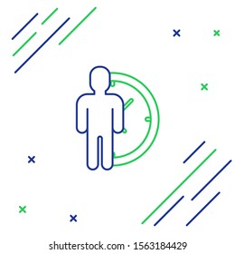 Blue and green line Time Management icon isolated on white background. Clock and gear sign. Productivity symbol. Colorful outline concept. Vector Illustration