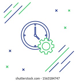 Blue and green line Time Management icon isolated on white background. Clock and gear sign. Productivity symbol. Colorful outline concept. Vector Illustration