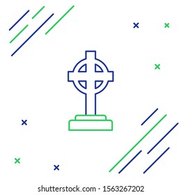 Blue and green line Tombstone with cross icon isolated on white background. Grave icon. Colorful outline concept. Vector Illustration