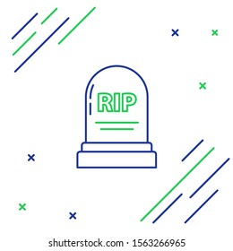 Blue and green line Tombstone with RIP written on it icon isolated on white background. Grave icon. Colorful outline concept. Vector Illustration