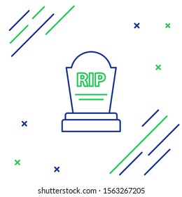 Blue and green line Tombstone with RIP written on it icon isolated on white background. Grave icon. Colorful outline concept. Vector Illustration