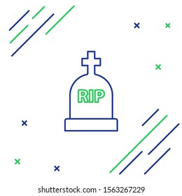 Blue and green line Tombstone with RIP written on it icon isolated on white background. Grave icon. Colorful outline concept. Vector Illustration