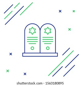 Blue and green line Tombstone with star of david icon isolated on white background. Jewish grave stone. Gravestone icon. Colorful outline concept. Vector Illustration