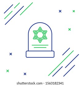 Blue and green line Tombstone with star of david icon isolated on white background. Jewish grave stone. Gravestone icon. Colorful outline concept. Vector Illustration