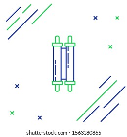 Blue and green line Torah scroll icon isolated on white background. Jewish Torah in expanded form. Star of David symbol. Old parchment scroll. Colorful outline concept. Vector Illustration
